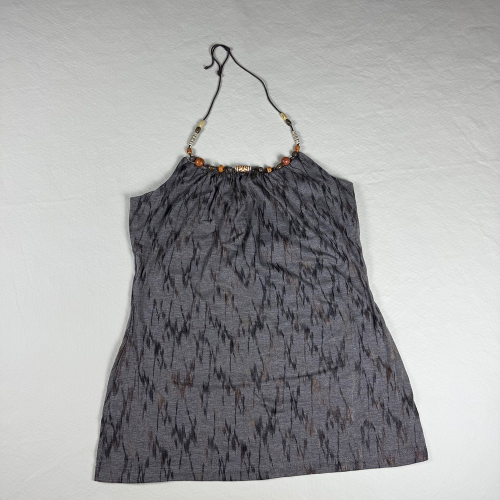 Eyeshadow Womens Beaded Halter Top Grey Ikat Print Boho Sleeveless Size S